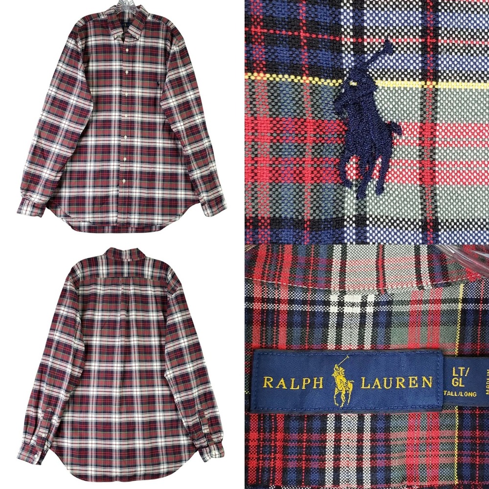 Polo Ralph Lauren Shirt Button Down Mens Large Tall Red Navy Plaid LS